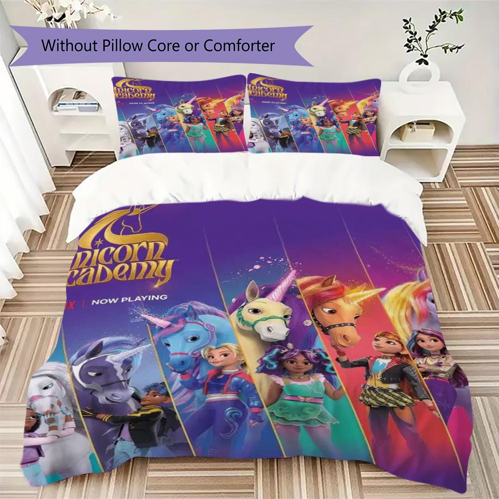 Unicorn Academy Pattern Bedding Uilt Set Uilt Cover Pillowcase Home Decoration Birthday Gift (1 * Duvet Cover + 2 * Pillowcase Without Core)95