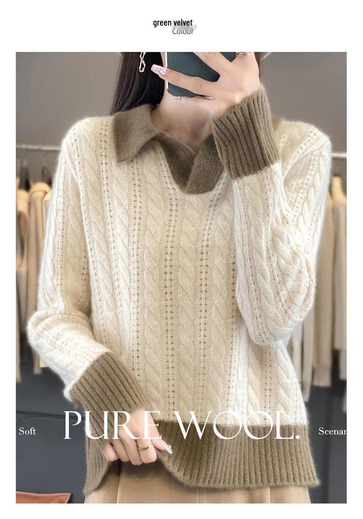 Women's V-Neck Color Block Wool Sweater - Autumn/Winter 2024, Thick Cable Knit, Short Sleeve