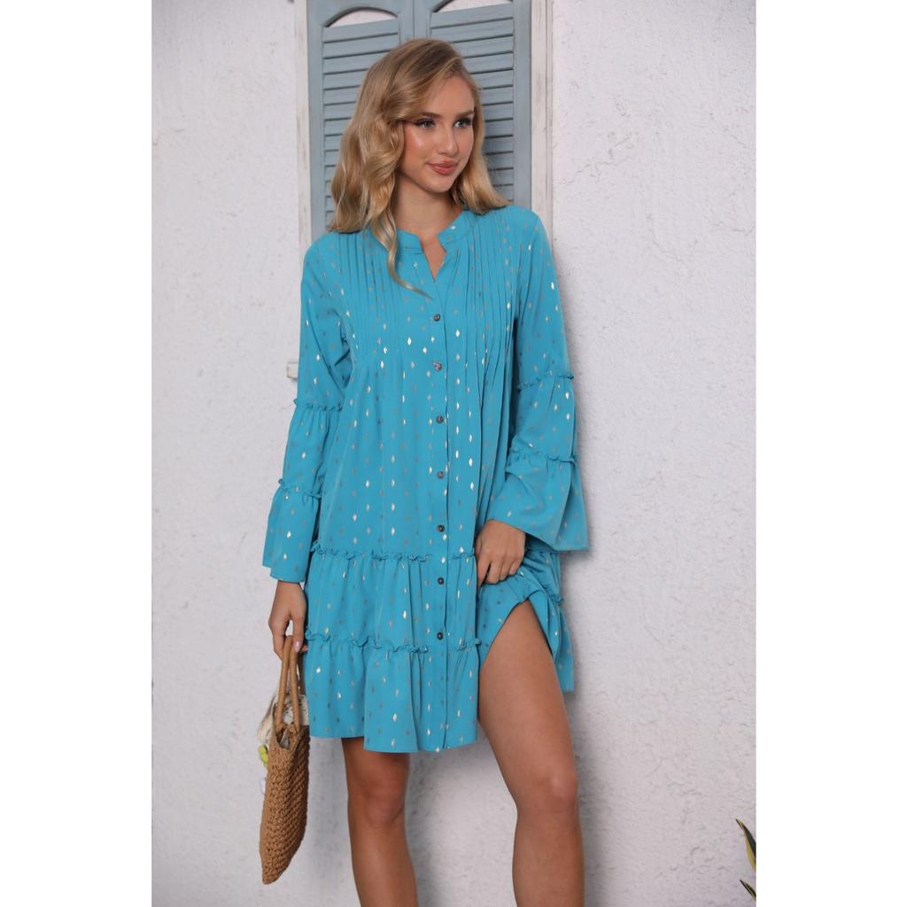 GMXIA Damenmode Frühling Herbst Einfarbiger Druck Langarm V-Ausschnitt Hohe Taille Freizeitkleider