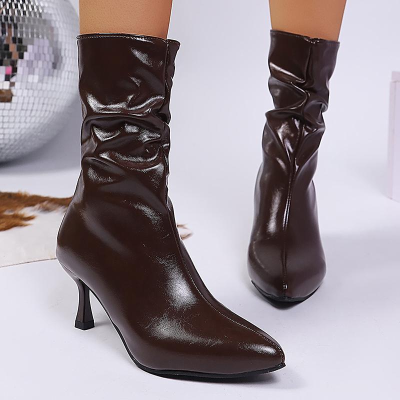 Sexy Pu Leather Thin High Heels Boots Women Back Zipper Pointed Toe Ankle Boots Woman Fleece Lining Warm Short Booties Mujer 42