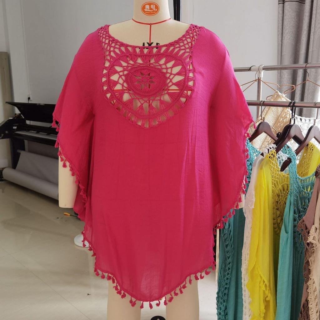 Damen-Bikini-Abdeckung, locker sitzend, lässig, Urlaub, kurzärmelig, Patchwork, modisch, Quaste, Strand