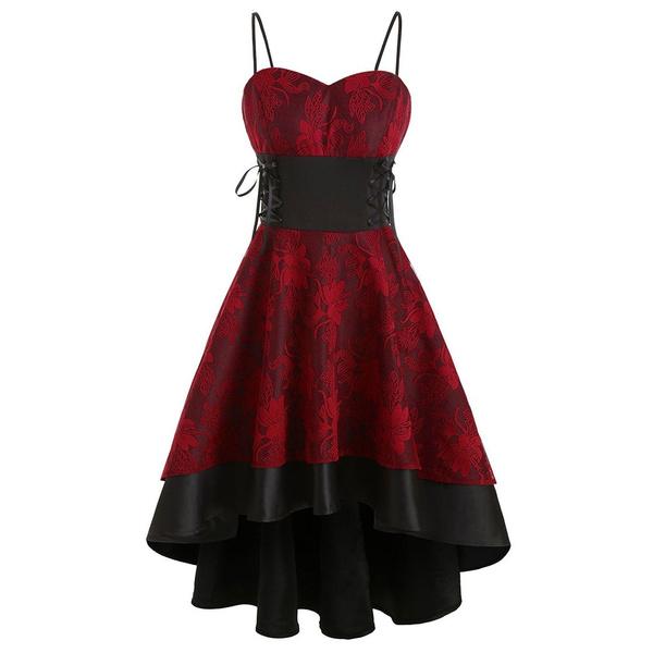 Damen Vintage Hochwertiges Trägerkleid Bandage Schnürung High Low Kleid Partykleid fashionpoint