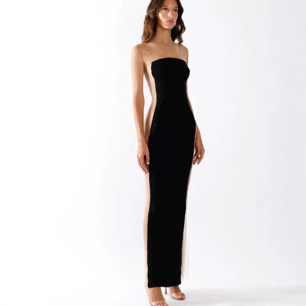 Sexy women s clothing tight figure tube top dress dress high-end splicing halter pencil skirt long dress S чёрный