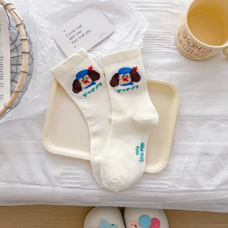Female Spring and Summer Cute Dachshund Dog Cartoon Striped Preppy Socks