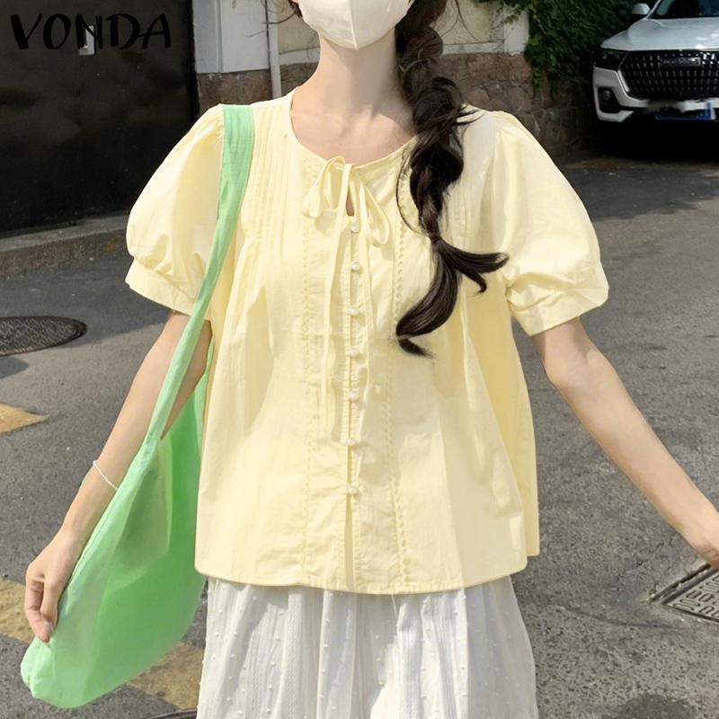 VONDA Summer Women O Neck Puff Sleeve Pleated Buttons Up Casual Blouse Tops
