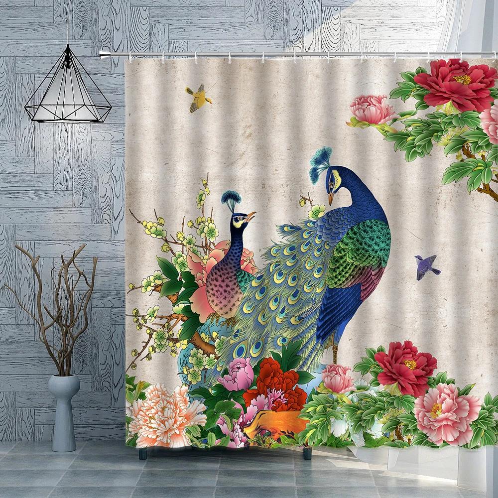 Peacocks Flower Shower Curtain Classical Oil Painting Scenery Peony Flower Birds Bathroom Curtain Bathroom Accessories Set Hooks