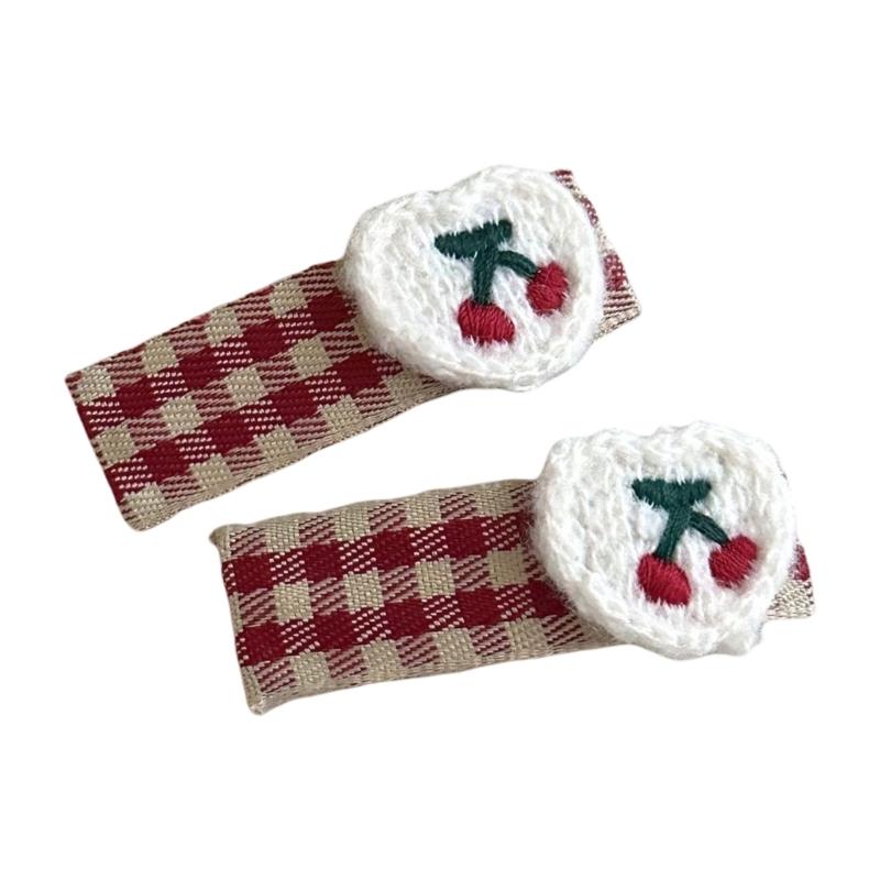 1pair Vintage Check Pattern Hairpin Flower Embroidery Fabric Kid Hair Clip for Children's Parties