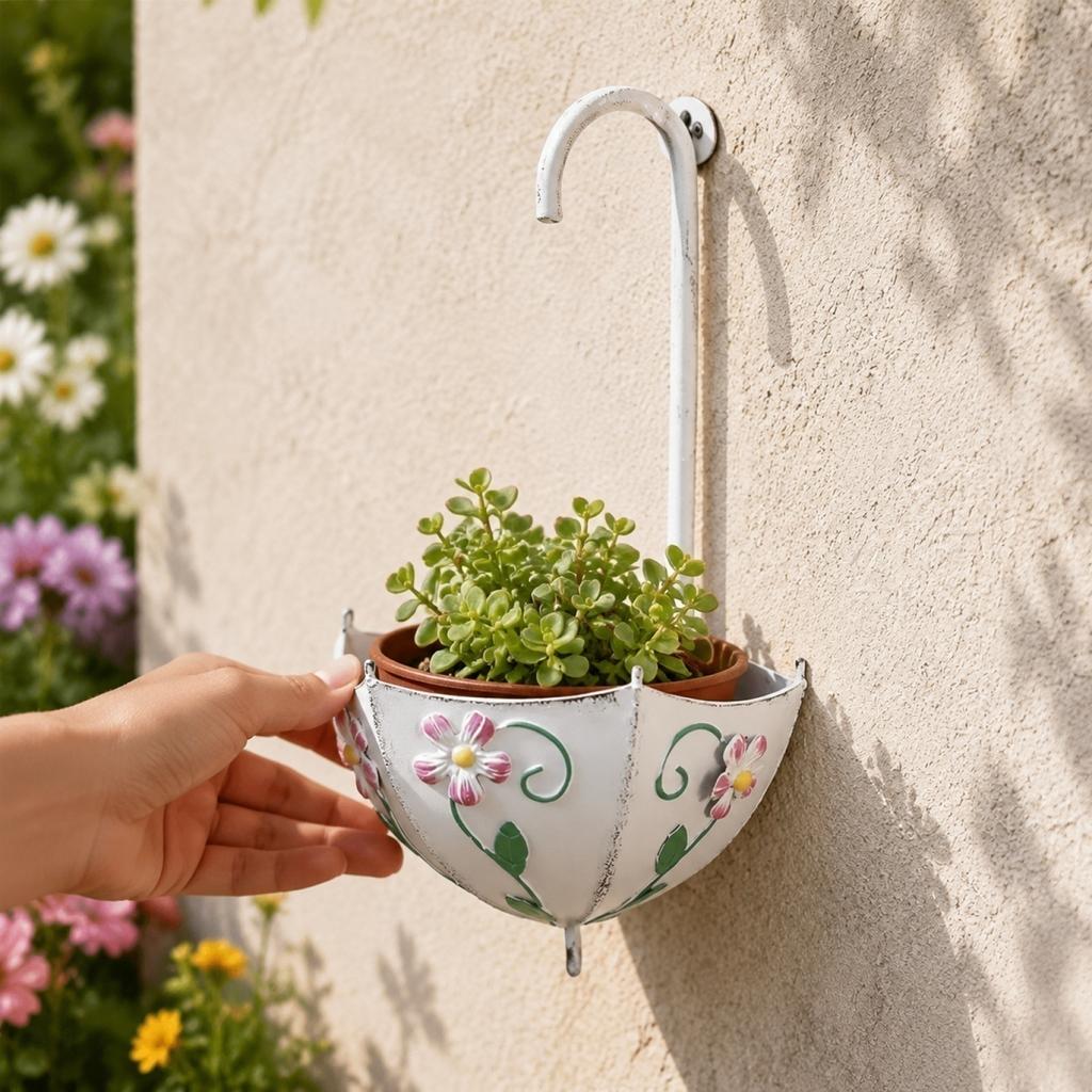 Umbrella Shape Wall Mounted Metal Plant Basket Decorative Iron Hanging Flower Pot for Indoor Outdoor Home Garden Wall Decoration
