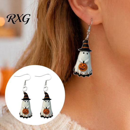 Cartoon Ghost Jewelry Cute Earrings, with Pumpkin Wizard Hat Decor, Holiday Themed Halloween Drop Lightweight Acrylic Pendant Party Earrings