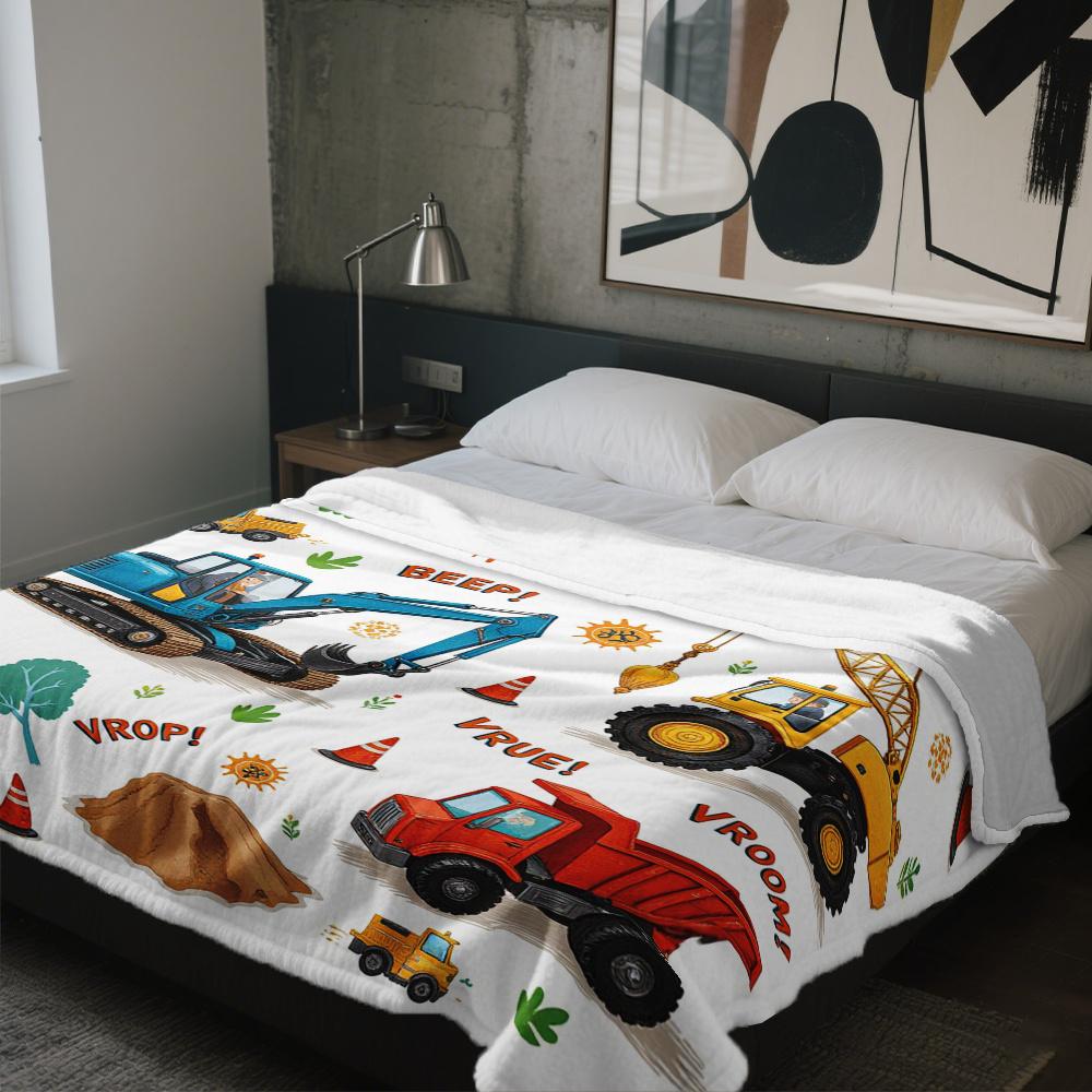 Cartoon Construction Vehicles Throw Blanket - Vibrant Tractor Excavator Kids Pattern Cozy Soft Accent for Bed Couch Car Decor