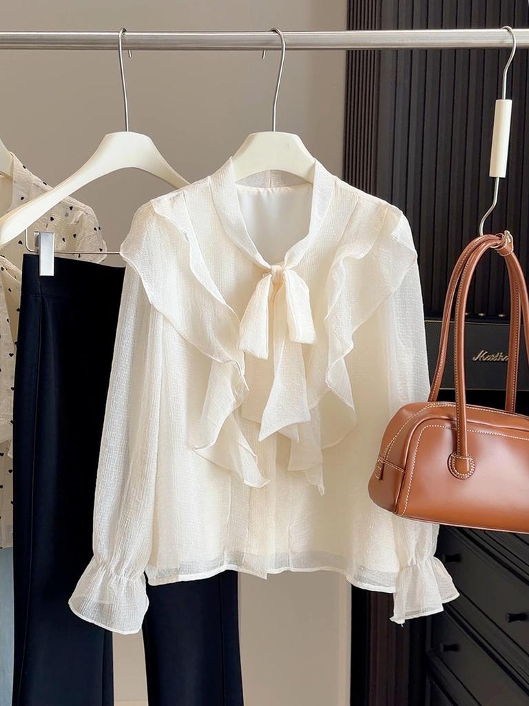 Elegant Women's Age-Reducing Polka Dot Heart Ruffle Shirt - Spring 2026 Long-Sleeved Top