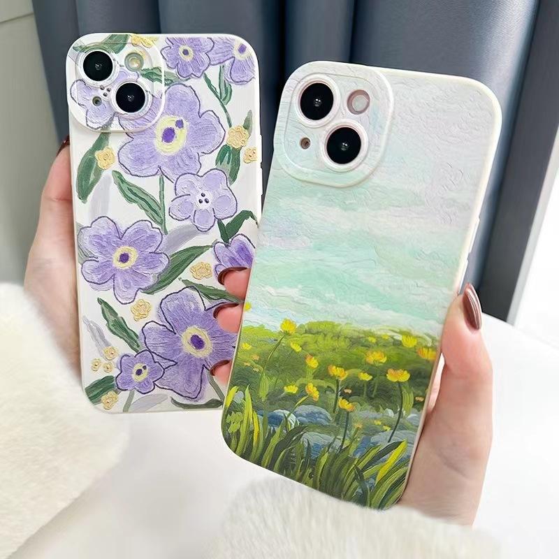 Applicable iPhone11promax Mobile Phone Case All-inclusive 11 Personality 11 Huawei Oppo Redmi Purple Oil Painting Flowers