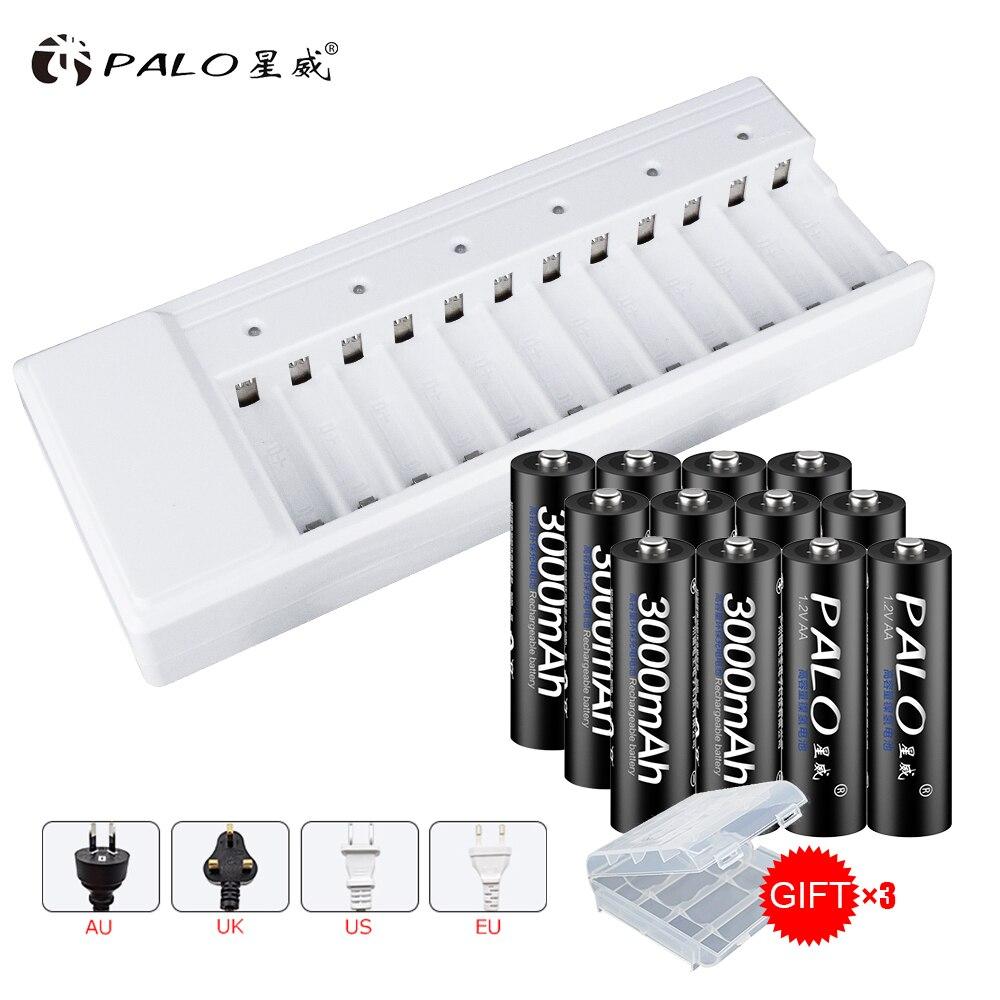 PALO 12 Slots LED Display Smart Battery Charger For AA/AAA NiCd NiMhRechargeable Batteries12pics AA Reachargable Batteries