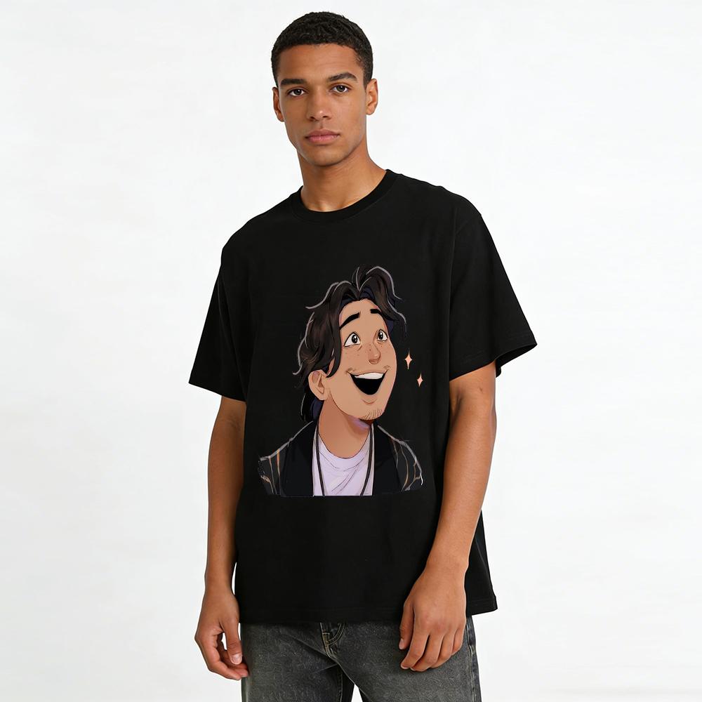 Sunshine Cartoon Guy Print Casual T-shirt Loose Fit Crewneck Top For Daily Commute And Hangouts Pure Cotton T-shirt