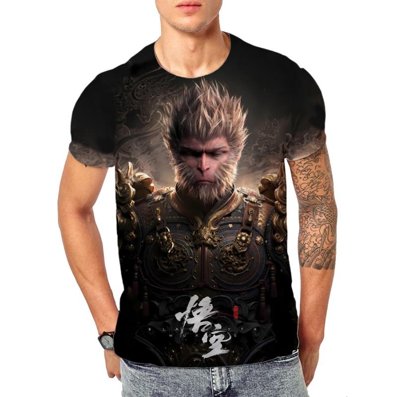Black Myth Wukong Game Qi Tian Da Sheng 3D Digital Printed Men's T-Shirt, Chinese Style Casual Plus Size Breathable Sporthirt