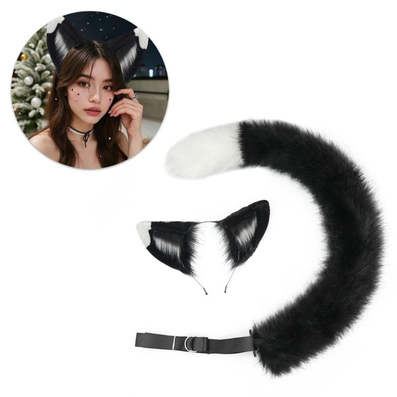 Animal Cosplay Costume Fauxs Furs Wolf Cats Foxes Tail and Cats Ears Headbands Halloween Party Costume Accessories