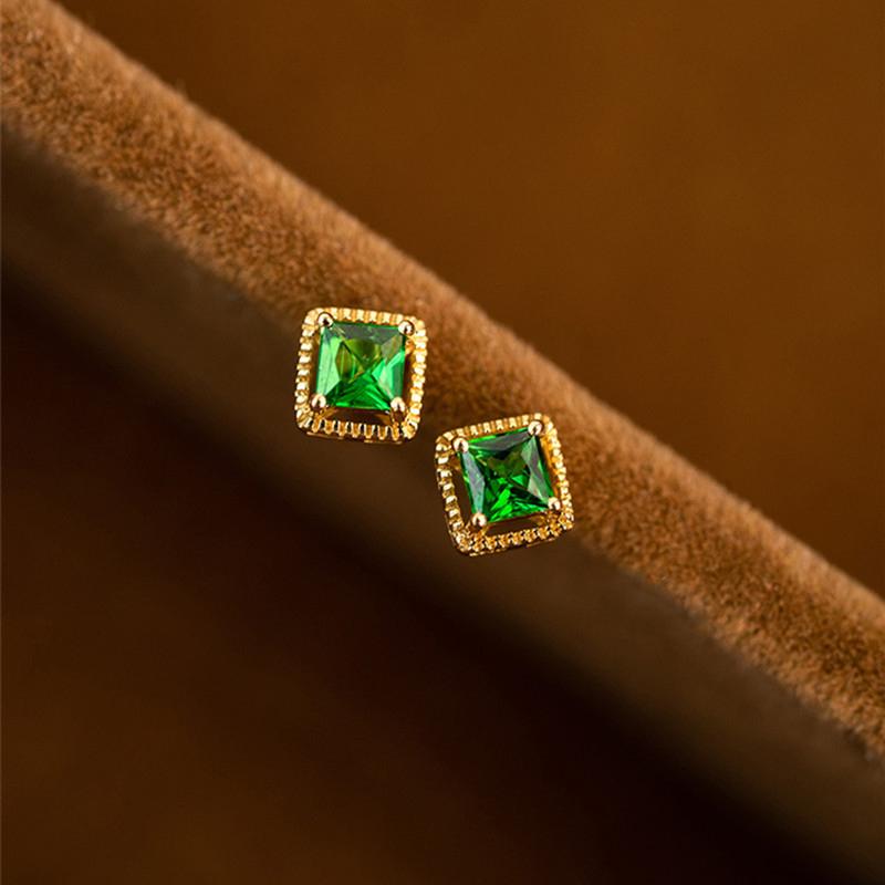 Huitan Gold Color Princess Green Cubic Zirconia Stud Earrings for Women New Temperament Wedding Earrings Fashion Luxury Jewelry