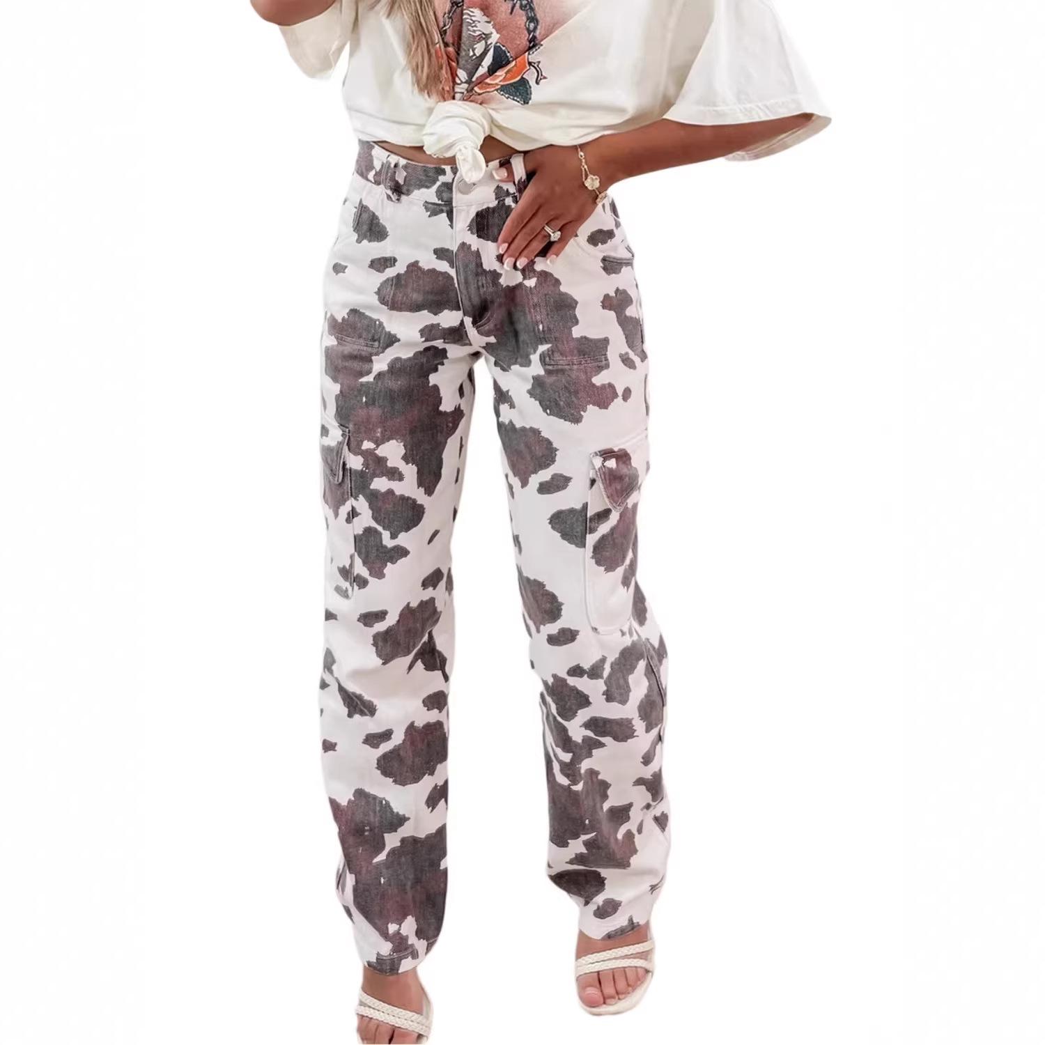 

Retro High-Waisted Cow Print Distressed Straight Leg Jeans for Women 6 белый