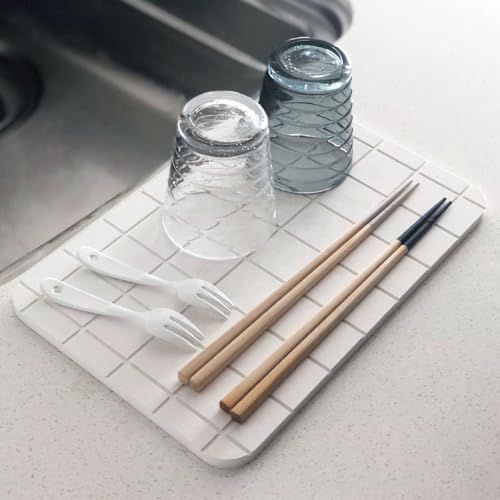 &NE Lava Stone Dry Board, Lattice LavaStone, White, 29.2cm Wide x 19.2cm Deep x 1cm Thick, Absorbent Mat for Washing Dishes, Small, Hard, Non-Asbestos