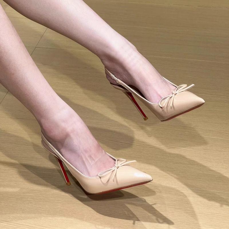 Daily Beautiful High Heels Women'S Summer Patent Leather Pointed Head Thin Heel Shallow Mouth Sexy Single Shoes Bow Sandals