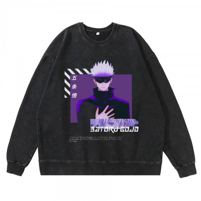 Vintage Washed Dark Anime Print Streetwear Hoodie Men - Retro Urban Sweatshirt With Cotton Lining