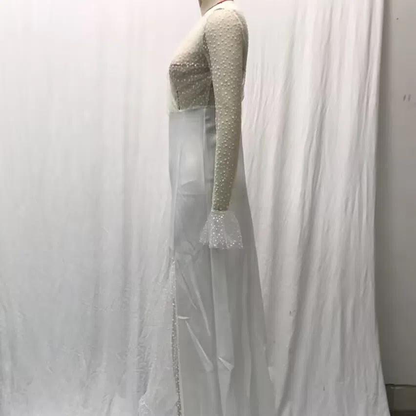 2025 Summer Autumn Women's Sheer Mesh Wedding Dress, Sexy V-Neck Long Sleeve Gown With High Slit, White See-Through Bridal Dress For Formal Events