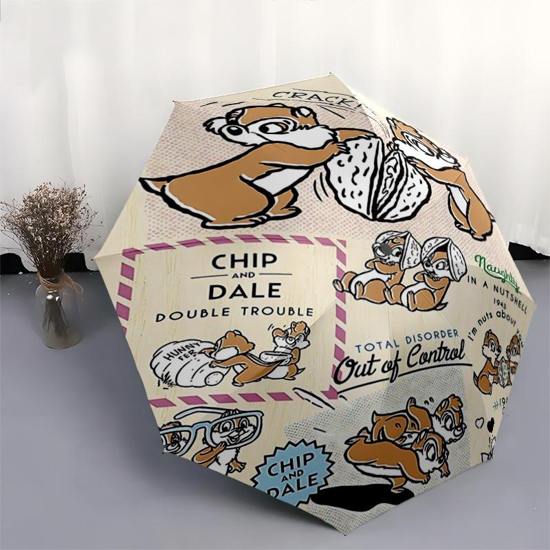 1pc Twin Chip 'n' Dale Pattern Automatic Umbrella is Fashionable and Good-Looking, a Portable 3-Fold Umbrella, Suitable for Travel and Daily