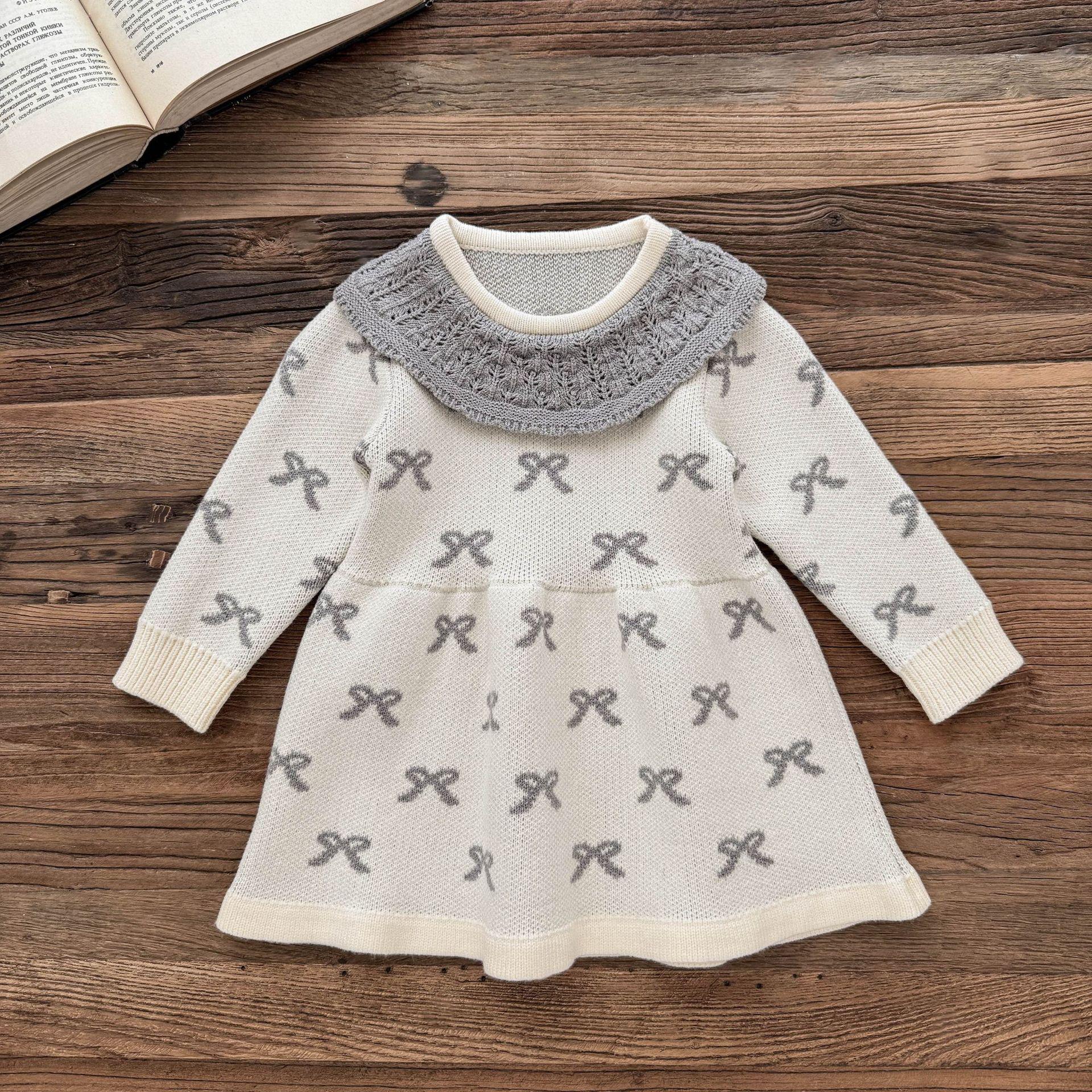 

Осенне-зимнее жаккардовое вязаное платье с бантом для девочек, праздничный наряд принцессы для младенца 100 cm серый/абрикосовый