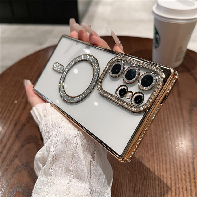 For Samsung Galaxy S25 Ultra Luxury Glitter Magsafe Magnetic Plating Diamond Frame Phone Case For Samsung S22 S23 S24 Plus Cover