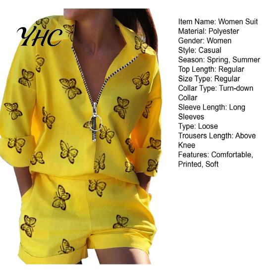 Girls Shirt Shorts Suit 2Pcs/Set Women Turndown Collar Long Sleeves Metal Ring T-Shirt Pants Trousers Kit Zipper Spring Summer Feather Printed