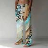 Men Cyan Gold Glitter Leopard Splice Print Drawstring Straight Trousers With Side Pockets Luxury Loungewear