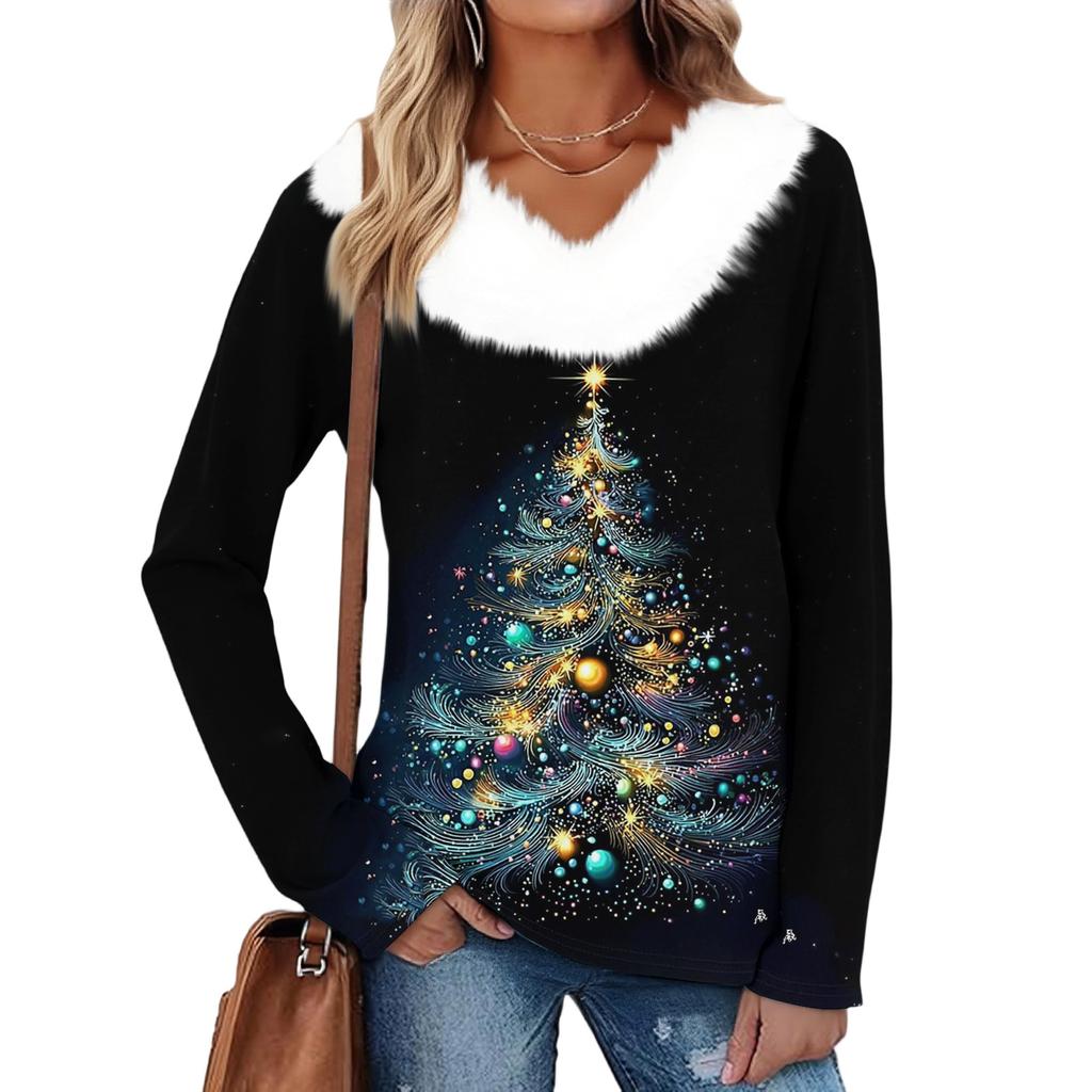 Women's Fashion Long Sleeve Christmas V-Neck Printed Party Furry Top