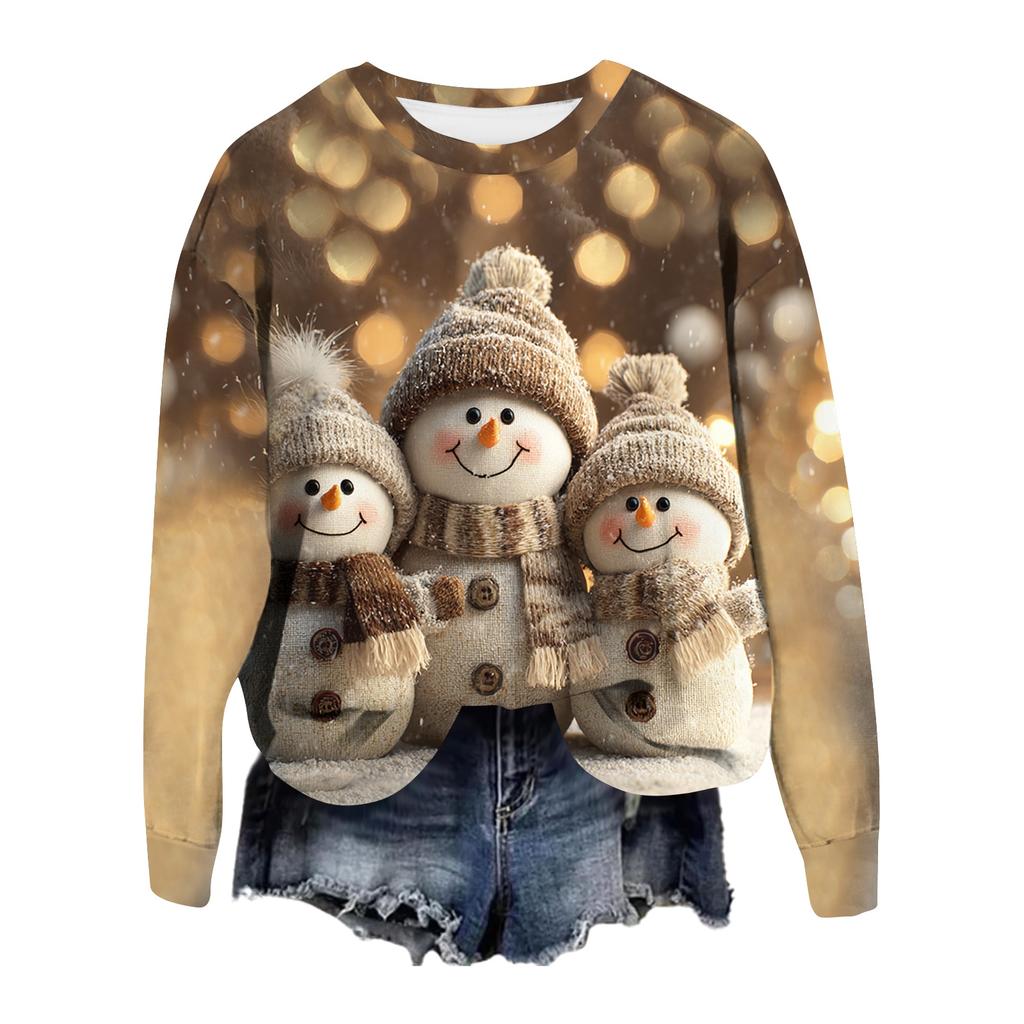 Women's Fashionable Casual Long-sleeved Retro Christmas Snowman Print Round Neck Top