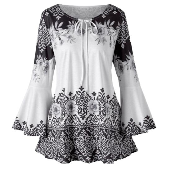 

Цветочный принт, рукав-рог, трапециевидный силуэт, свободный подол, шнуровка, круглый вырез, облегающий крой, узкая талия 3XL чёрный