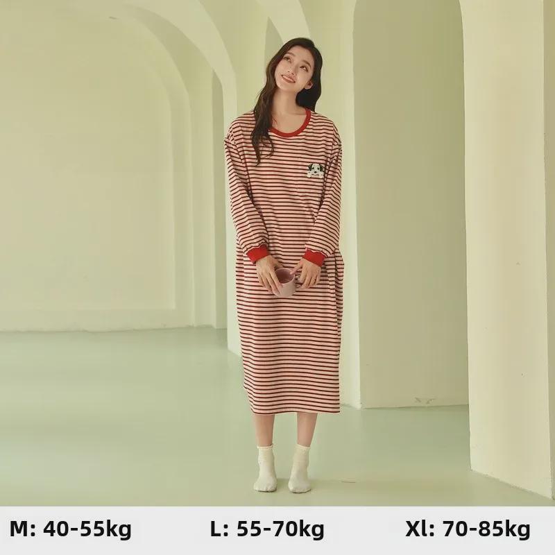 "High-End Striped Long-Sleeve Nightdress with Chest Pad for Women - Over-the-Knee, Large Size, Cotton, Spring to Summer"