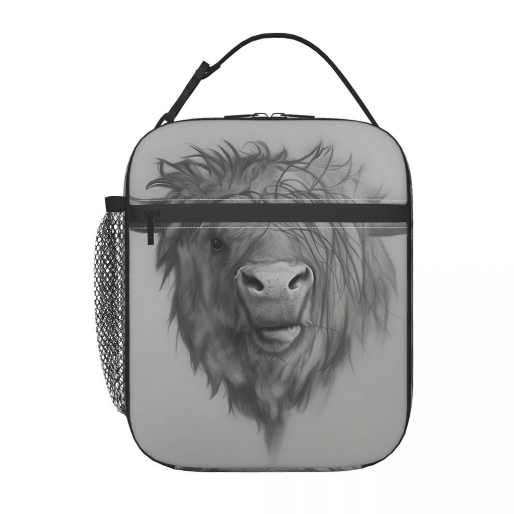 Grey Highland Yak Pattern Insulated Lunch Bag for Women Children Portable Food Boxes Thermal Lunch Box Tote