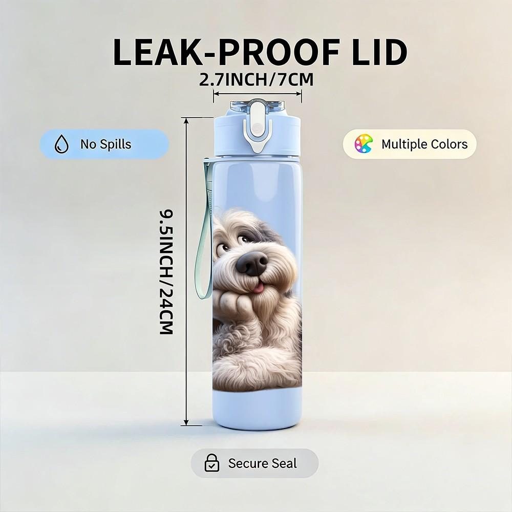 1PC Fluffy Old Dog Pet Portrait Print 750ml Color Plastic Sports Water Bottle Leakproof Flip Straw Lid Suitable for Sports Office Home Use