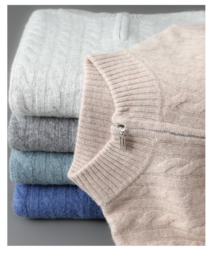 Men's Pure Wool Half-High Collar Cable Knit Zipper Sweater - Thick & Loose for Autumn/Winter