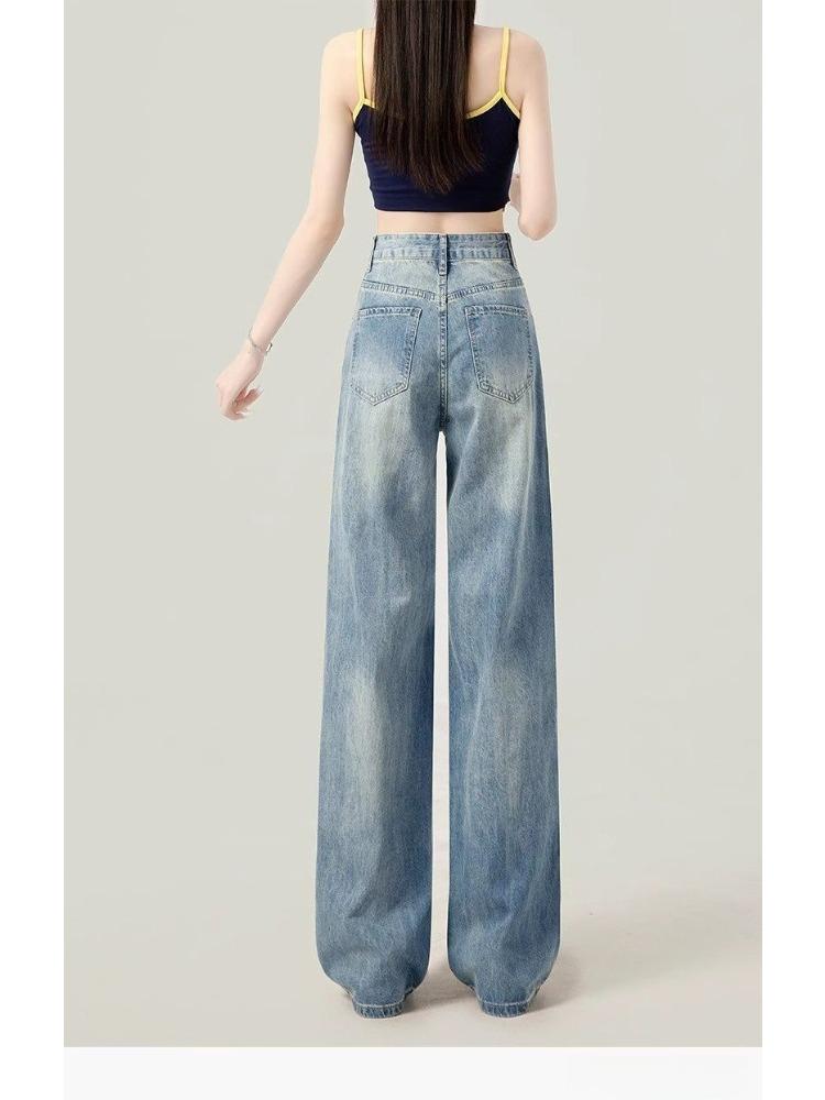 Blue Broken Holes Thin Jeans Women High-waisted Skinny Straight Dragging Trousers Wide Legs Show Legs Long Hundred Long Trousers Long Denim Pants