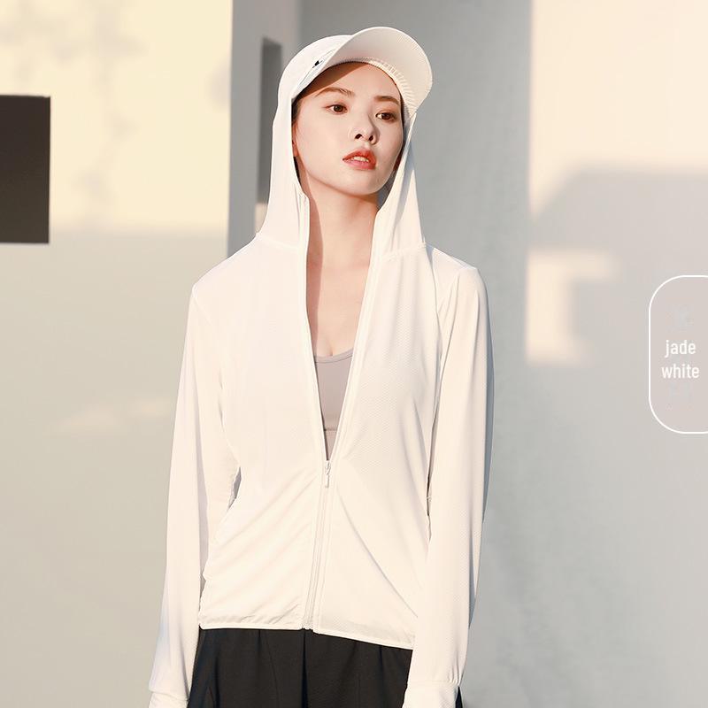 

Женская легкая куртка с капюшоном и защитой от солнца Juyitang - с длинными рукавами, дышащий жаккард для использования на открытом воздухе Double Extra Large нефритовый/белый