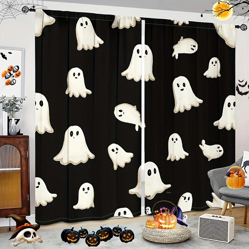 2 Stück - Halloween Gothic-Stil Bedruckte Vorhänge, Stangentaschenvorhänge, Heimdekorationen, Raumdekorationen