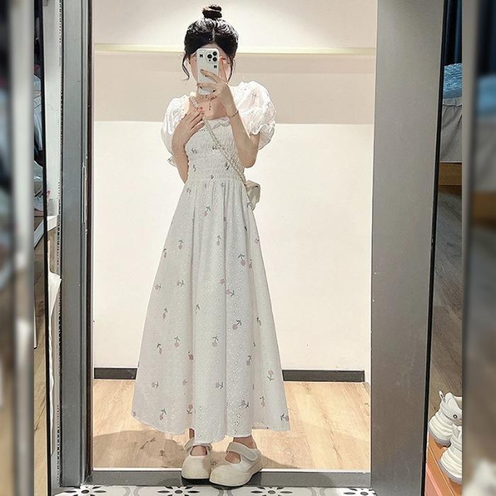 [Original workmanship] French bubble sleeve square collar women s new summer floral waist and thin jumpsuit S белый