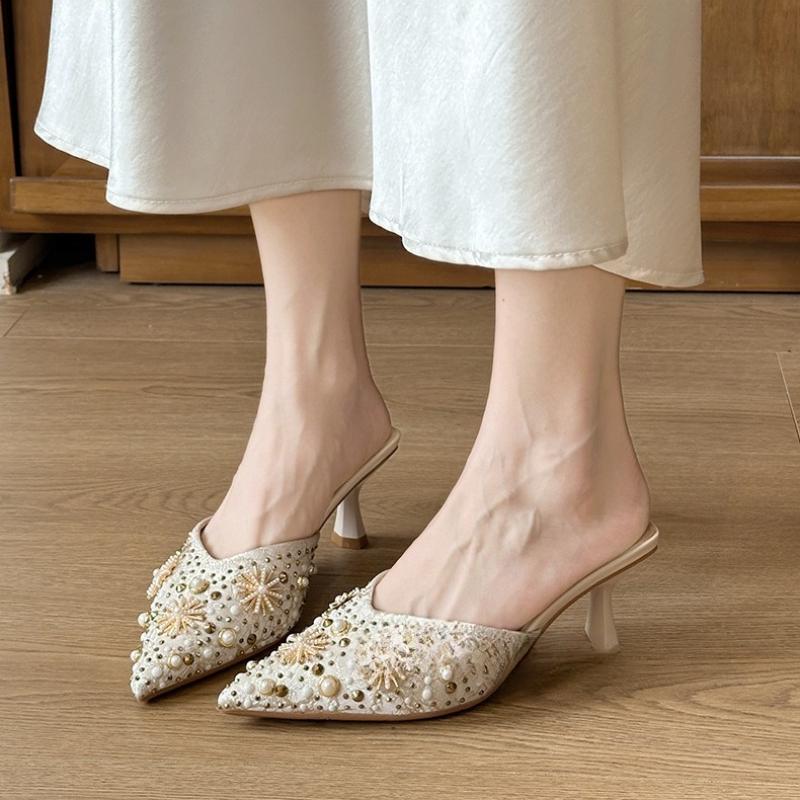 Fashion Luxury String Bead Decoration Design Brand High Heel Slippers Women Shiny Rhinestone Slide Sandals Elegant Wedding Bridal Shoes