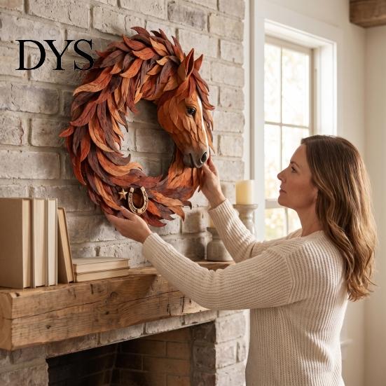 Festive Wall Hanging Decor for Home Rustic Horse Wreath Front Door, Western Farmhouse Head Durable Decorative Bedroom with Horseshoe, Handcrafted