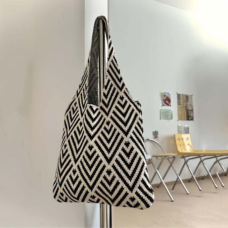 Fashion Geometric Contrast Color Handmade Knitted Handbag Women Minimalist Knot Shoulder Bag Summer Beach Bag