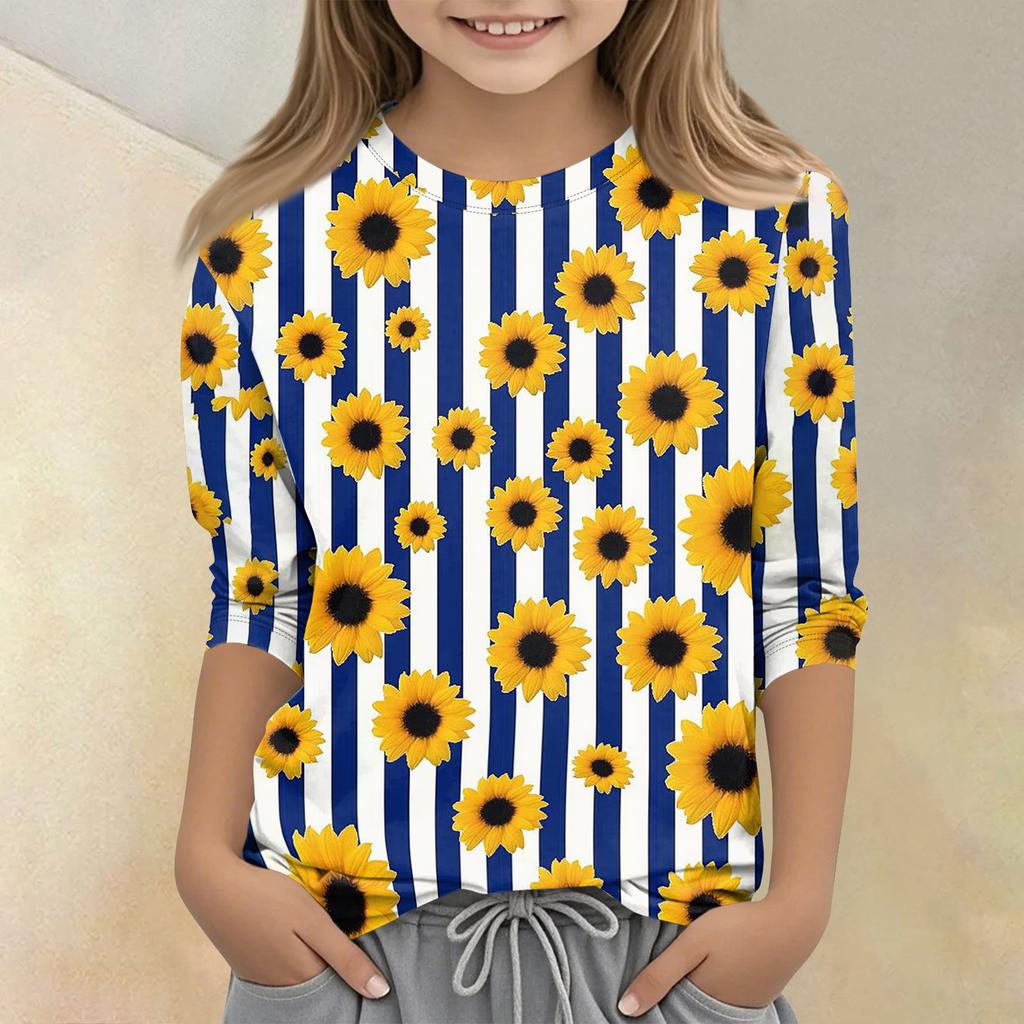 Kinder bedrucktes Rundhals Siebenviertelarm Freizeit T-Shirt