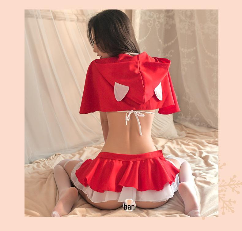 Sexy Three-Point Christmas Lingerie Kit: Women's Temptation Nightgown & Short Skirt Halloween Set