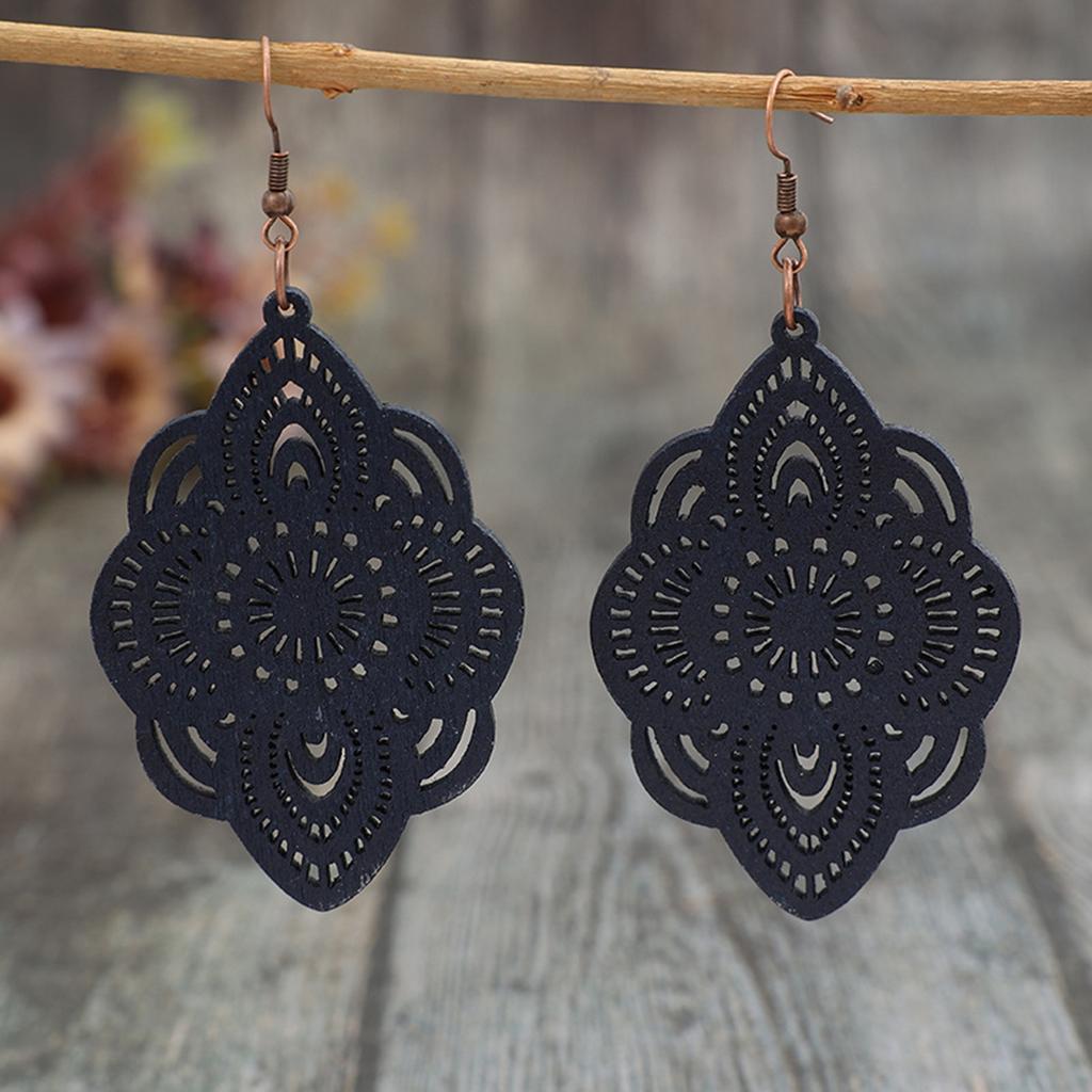 New Vintage Ethnic Style Long Wooden Earrings with Carved Patterns
