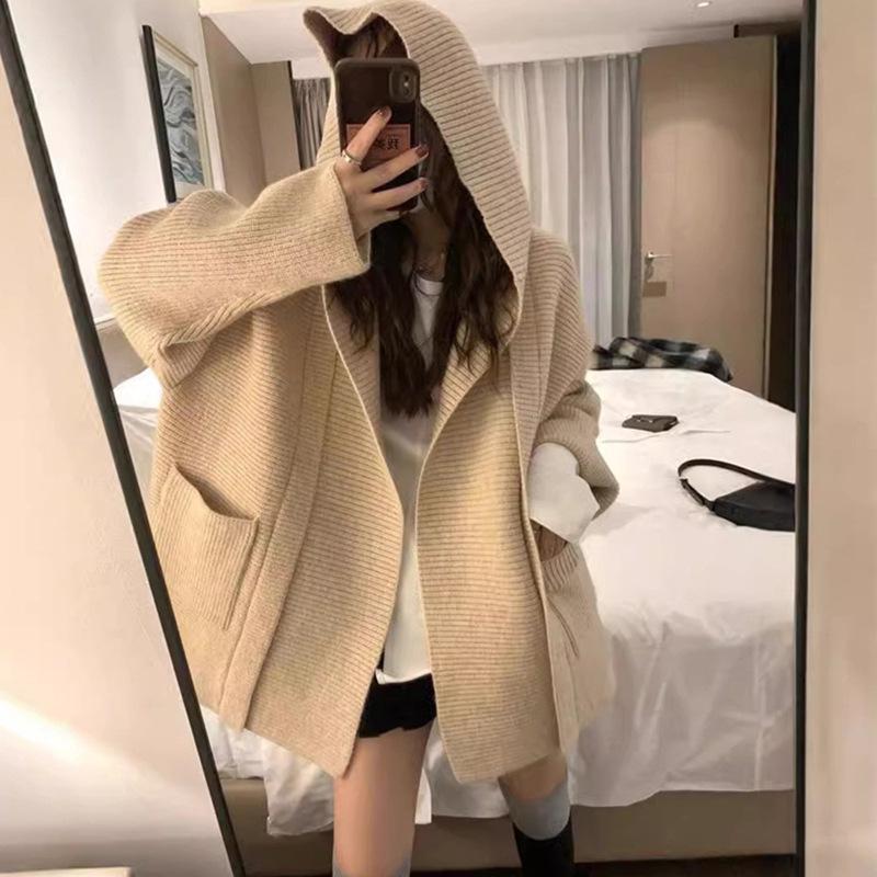 

Large size hooded knitted cardigan women s clothing autumn and winter new lazy style design sweater jacket one size fits all