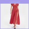 Women Short Sleeve V Neck Swing Dress With Elegant Polka Dot Print And Slit Detail